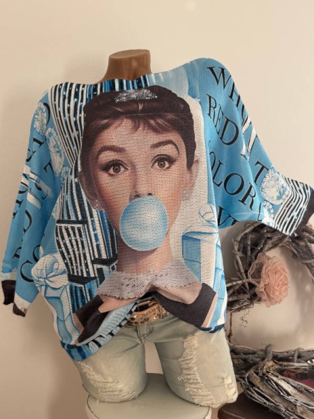 Tunika 36-42 Fledermausarm Filmstar mit Kaugummi blau Feinstrick Pulli NEU Made in Italy