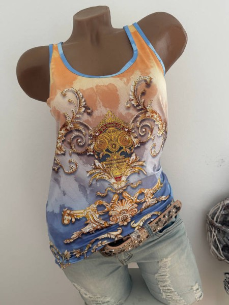 MISSY S 36 Trägertop Top Longtop Brokatprint blau weiss gelb Glitzer Nieten Neu