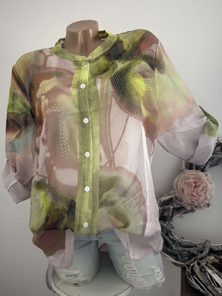 Bluse M/L 38 40 Missy Turn up Ärmel kragenlos nude grün Floral Glitzer Steinchen Neu