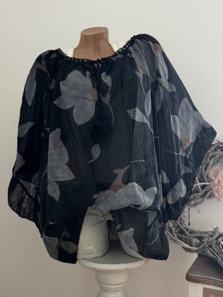 Tunika Bluse 38 40 42 44 46 48 weite Ärmel schwarz floral Italy NEU