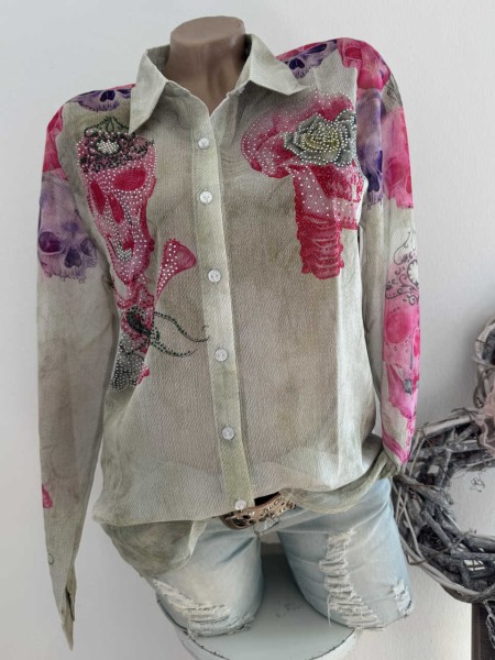 Bluse MISSY M 38 Hemdbluse Skull pink Rosen Neu Glitzer Steinchen
