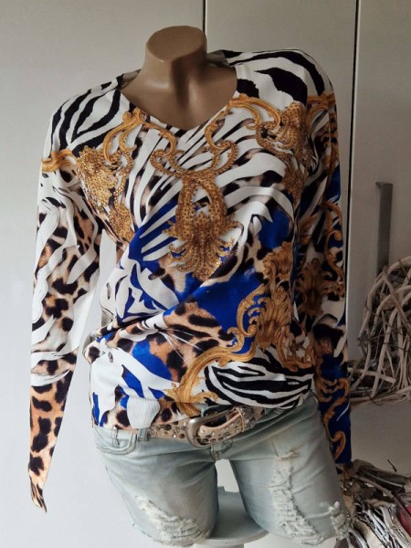 Pullover L/XL 40 42 MISSY Feinstrick weiss blau goldton Print Pulli Glitzer Strass Nieten