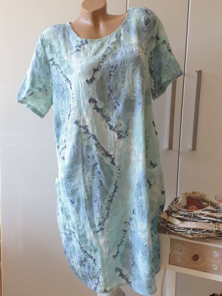 Kleid 42 44 46 Kurzarm Italy Tunika Leinen Weboptik Ballonform Batik mint grün gemustert Taschen