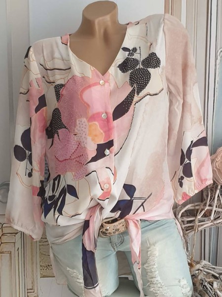 MISSY S 36 Bluse Hemdbluse Tunika vorne zum binden weiss rosa schwarz floral Glitzer NEU