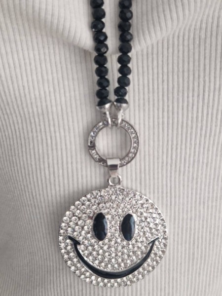 lange schwarze Glitzer Glasperlen Halskette Kette "Wechselanhänger" HAPPY SMILE viel Glitzer Strass