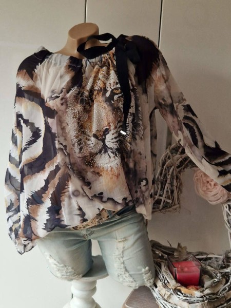 Edle festliche MISSY Ballonform Tunika S 36 Saumende Gummizug TIGER Print Glitzer Schleife