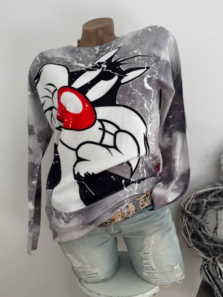 Pullover MISSY S/M 36 38 Feinstrick Pulli grau süsser Comic Print Glitzer Nieten