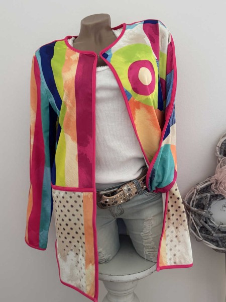 MISSY L 40 Jäckchen längere Jacke bunt Streifen Mix Neu Strass Nieten