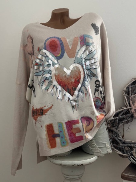 V-Neck Pullover Pulli Seitenschlitze beige Love Metallicprint gemustert 40-44 Made in Italy