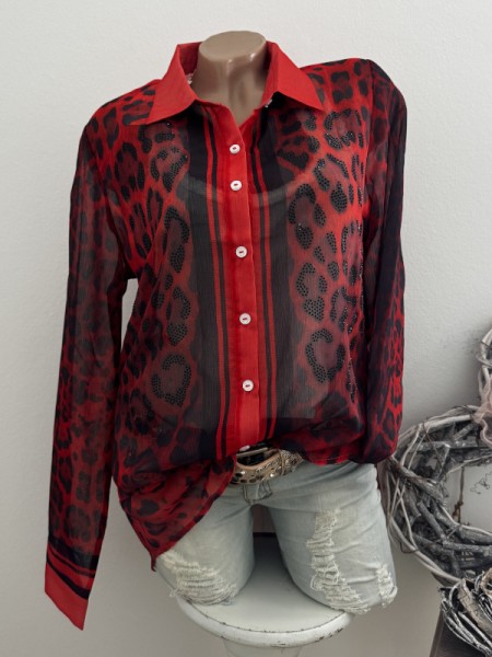 Bluse Missy L 40 Langarm Animal Leo rot/schwarz Neue Kollektion