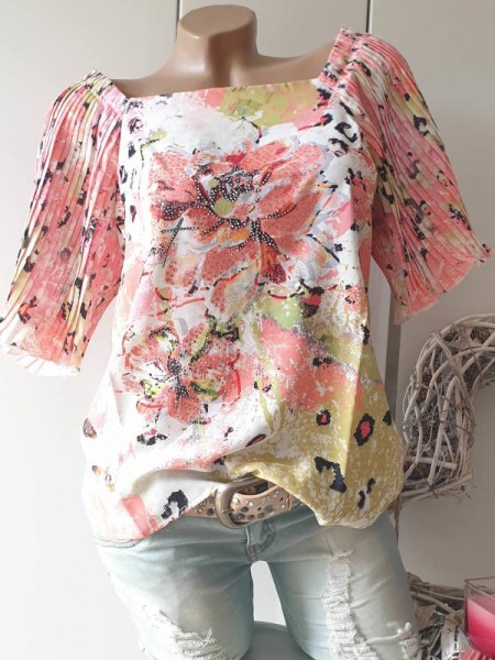 Tunika Shirt MISSY M 38 rosa grün weiss floral weite gekreppte Schmetterlingsärmel Glitzer Neu