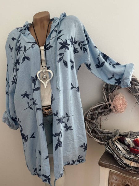leichter Cardigan mit Kapuze Made in Italy blau gemustert 40-44 NEU Tunnelzug Hoodie Jacke