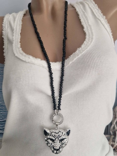 lange schwarze Glitzer Glasperlen Halskette Kette "Wechselanhänger" TIGER viel Glitzer Strass Steinc