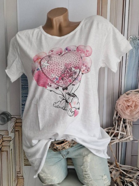 T-Shirt Tunika süsser Comic Print weiss rosa Baumwolle Nieten Made in Italy 36 38 40 42