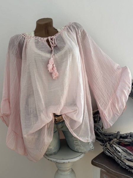 Tunika Bluse rosa weite Ärmel Bindebändchen 38-48 Made in Italy Neu