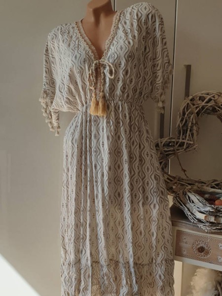 Hängerchen Boho Empirekleid Kleid Made in Italy Troddeln Bommeln Onesize 36-40 grau gemustert Tunika
