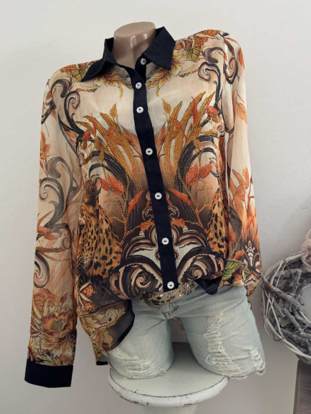 MISSY Bluse M 38 Hemdbluse Leo barocke Elemente Schwarz Orange Goldtöne NEU Glitzer