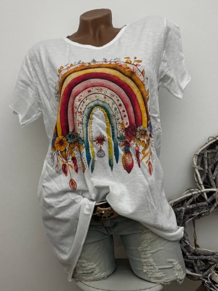 T-Shirt Shirt 36 38 40 42 bunte Bögen Blumen Italy Nieten NEU weiss
