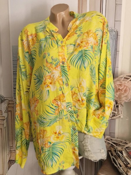 40-44 Tunika Hemdbluse Bluse Made in Italy kragenlos gelb Tropical Print NEU