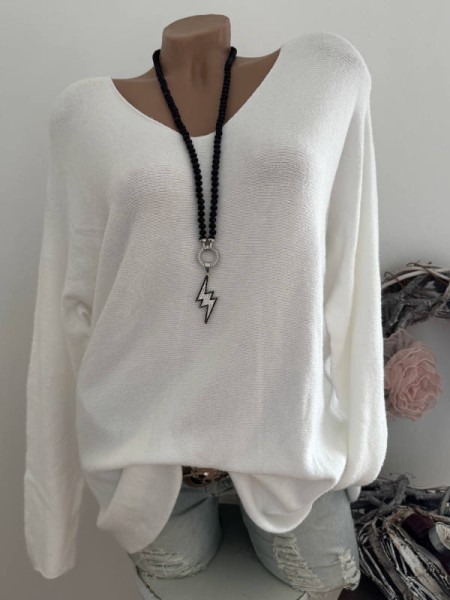 V-Neck Flausch Pullover Pulli weiss 40-44 Neu Tunika Made in Italy