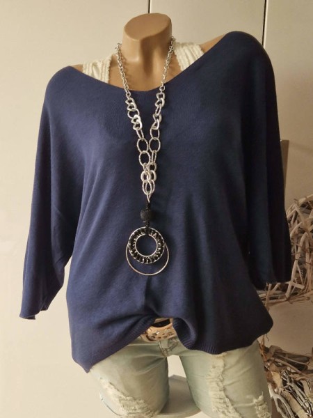 dunkelblau Tunika Feinstrick Pullover Oversized Made in Italy 36-42 Fledermausarm