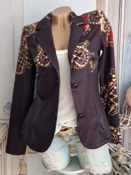 MISSY Blazer S 36 Kurzblazer Jackett "schwarz goldfarbene Ornamente etwas rot" hinten Nieten Neu