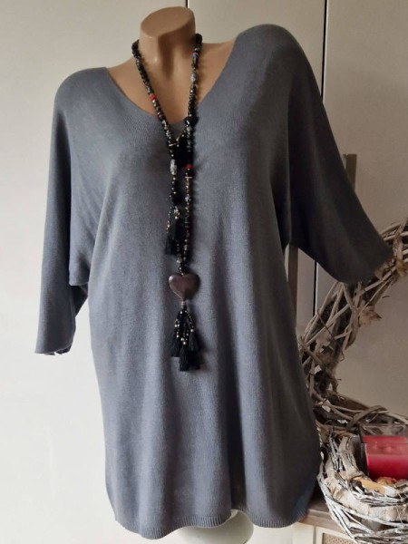 grau Long Tunika Kleid Glattstrick Pullover Oversized Italy 38-40 Fledermausarm Kurzarm