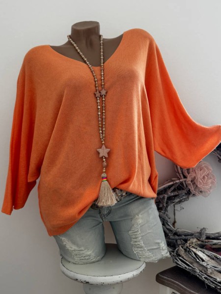 orange Tunika Glattstrick Pullover Oversized Italy 38-42 Fledermausarm 1/2 Arm