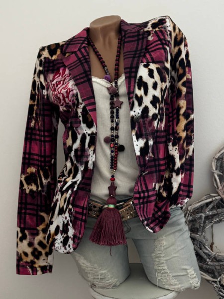 Kurzblazer L 40 Blazer MISSY pink bordeaux Karo Animal "Be Your True Self" Spruch Nieten Neu