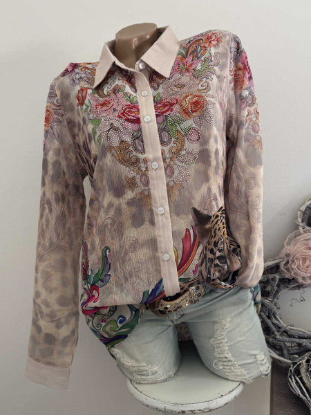Bluse MISSY XL 42 Hemdbluse Leo Animal ornamente Blumen Print beige sand Neu Glitzer Steinchen