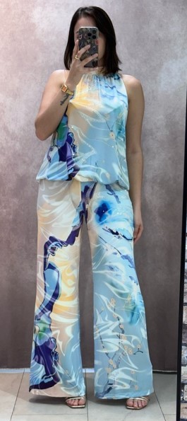 Hose S 36 MISSY Palazzohose butterweich blau beige gemustert Glitzer Neu