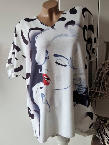 Kurzarm Tunika Shirt 40-44 Made in Italy weiss Filmstar Print V-Neck Lurexsaum