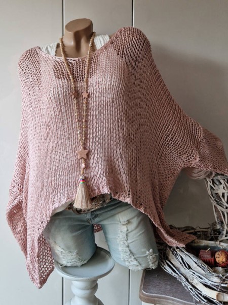 38-44 Tunika rosa Lochmuster Pulli Pullover Häkeloptik seitlich länger Made in Italy