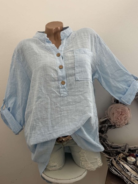 Tunika Hemdbluse Bluse hellblau Made in Italy 38-42 Musselin Leinenoptik