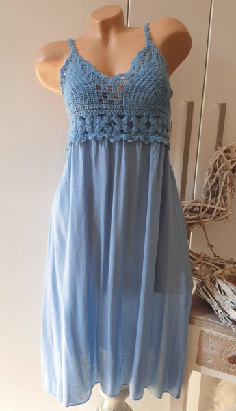 Trägerkleid jeansblau Tunika Sommerkleid Häkelkleid Made in Italy Kleid Häkeleinsatz 36-40