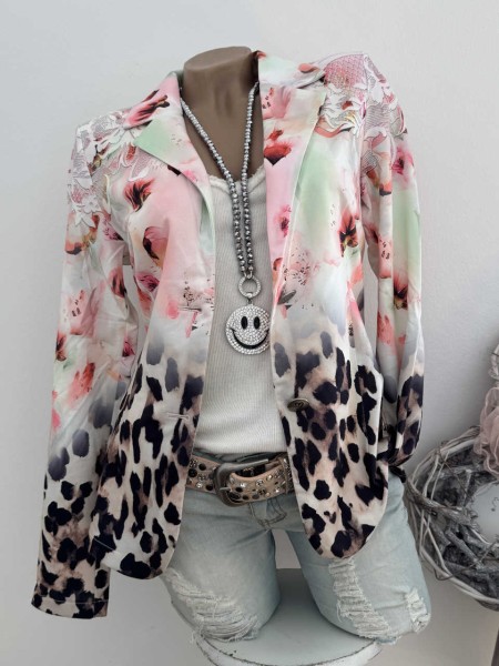 MISSY Jackett XL 42 Blazer Glitzer Steinchen weiss mint rosa Leo Floraler Mix Neu Strass Nieten