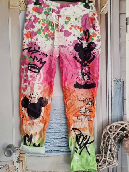 Hose 36-42 Baggy Joggpants Mouseprint Made in Italy pink orange grün gemustert Tunnelzug