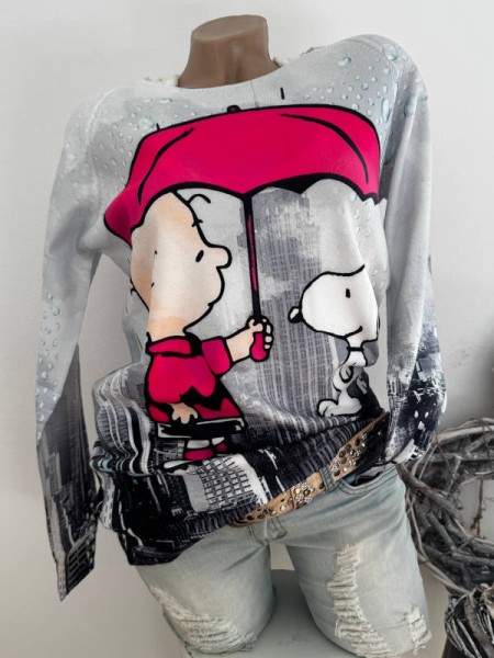 Pullover MISSY S/M 36 38 Feinstrick Pulli grau/pink bunt Comic Print Glitzer Nieten