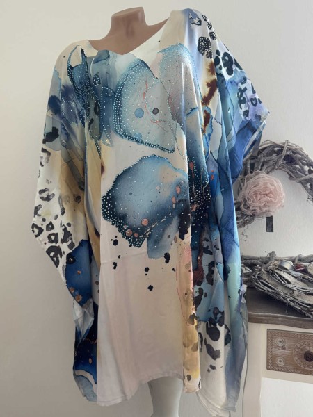 Kleid MISSY Onesize 38-42 weite Ärmel Tunika Kaftankleid blau gemustert NEU Glitzer Nieten