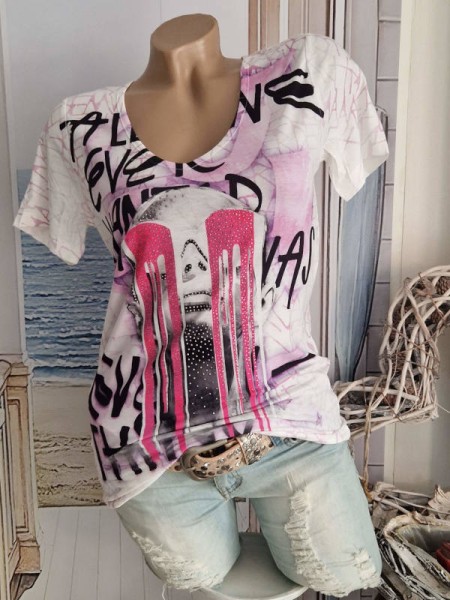 M 38 MISSY Tunika Shirt T-Shirt V-Neck weiss pink Glitzer Nieten NEU