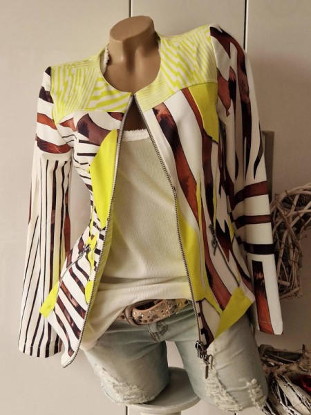 Zipperjacke MISSY Jacke S 36 weiss neongelb braun Streifen Print 2-Wege Zipper NEU