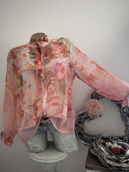 Bluse Missy L 40 Langarm Hemdbluse Tunika rosa floral Kolibri Bindebändchen Neu Glitzer Nieten