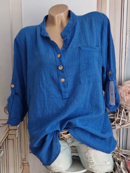 Tunika Hemdbluse Bluse blau Made in Italy 38-44 Musselin Leinenoptik