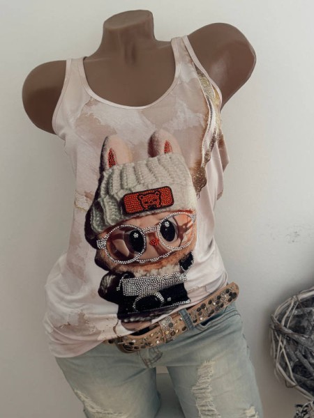 Top Longtop MISSY S 36 Trägertop Monsterchen mit Mütze Brille und Kamera Print Glitzer Nieten Neu