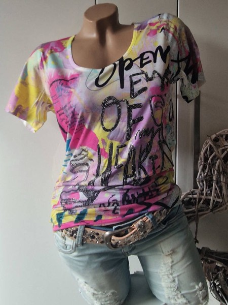 XL 42 T-Shirt Graffiti Print MISSY Shirt lila Rundhalsausschnitt Glitzer Nieten bunt NEU