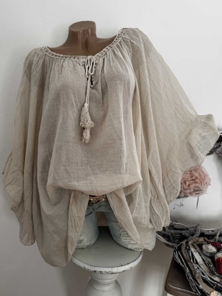 Tunika Bluse schlamm weite Ärmel Bindebändchen 38-48 Made in Italy Neu