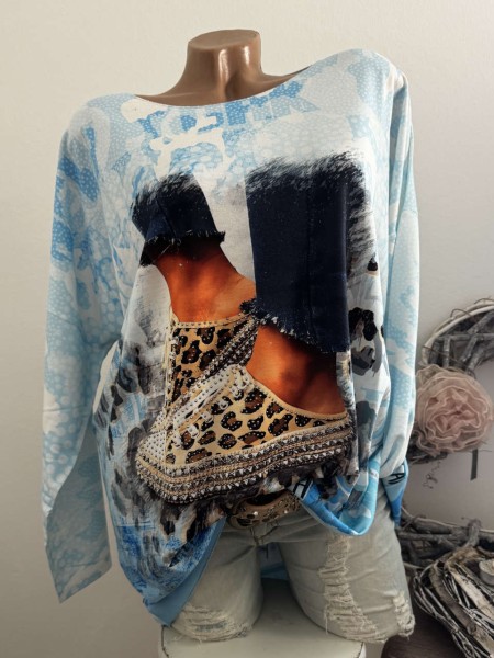 Longsleeve Tunika Glitzer Steinchen 40-44 Fashion Strass Sneakerprint blau bunt Made in Italy