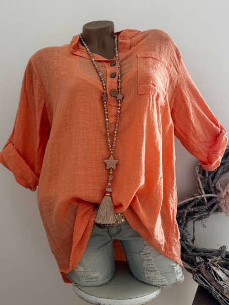 Tunika Hemdbluse Bluse orange Made in Italy 38-44 Musselin Leinenoptik