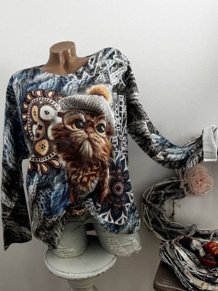 Longsleeve Feinstrick Tunika Pulli bunt helle Katze mit Brille 40-44 Made in Italy