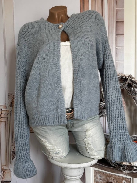 Cardigan Strickjacke blau 38-42 Cardigan Rüschensaum 1-Knopf Verschluss NEU